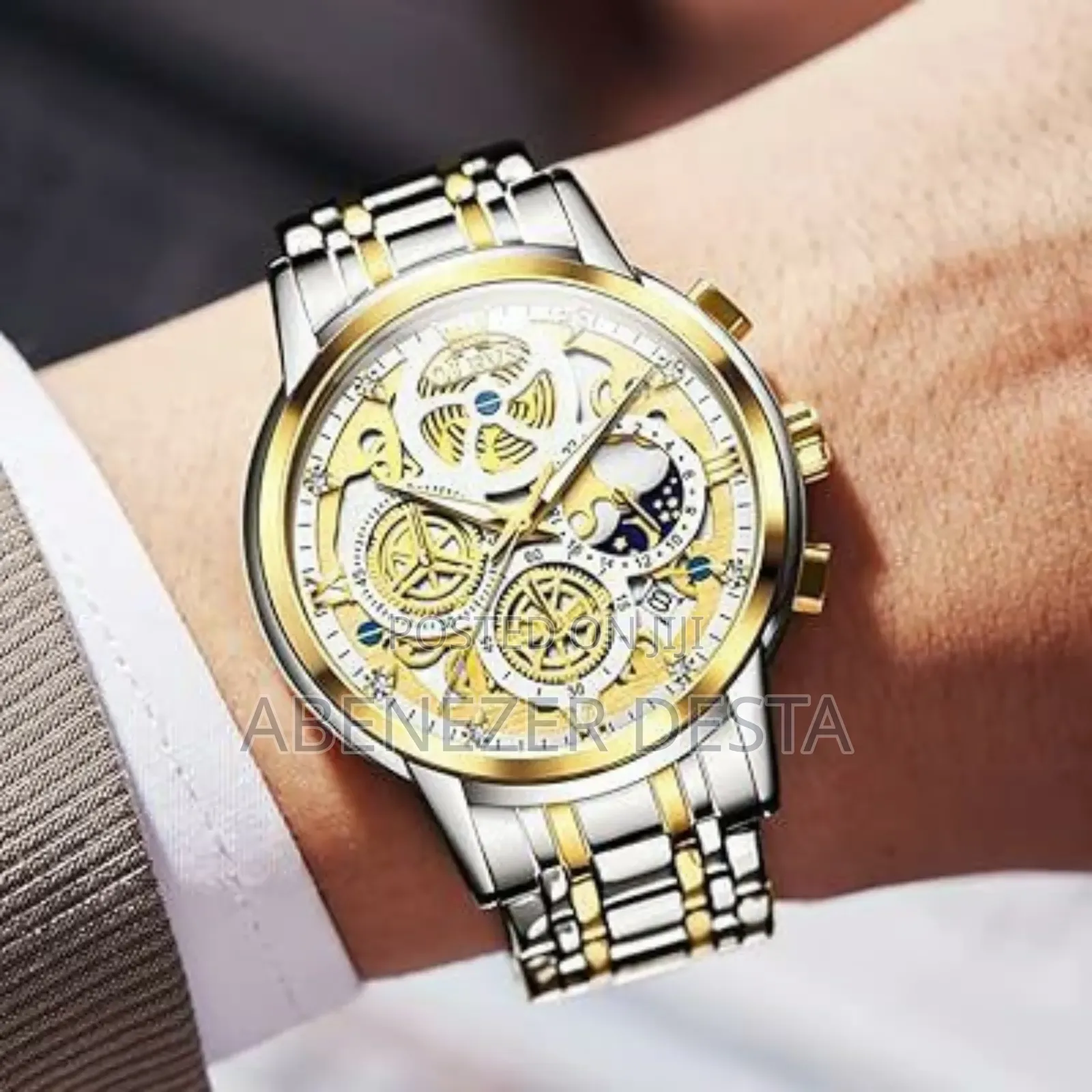 Olevs 9947 Men's Skeleton Watch With a Two-Tone Silver and Gold