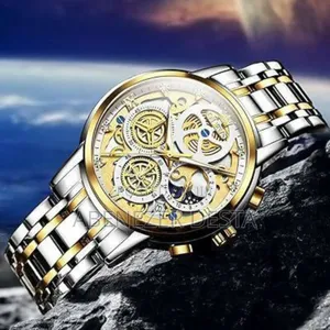 Olevs 9947 Men's Skeleton Watch With a Two-Tone Silver and Gold