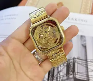 Gold Skeleton Automatic Watch Mens Square Case Gold