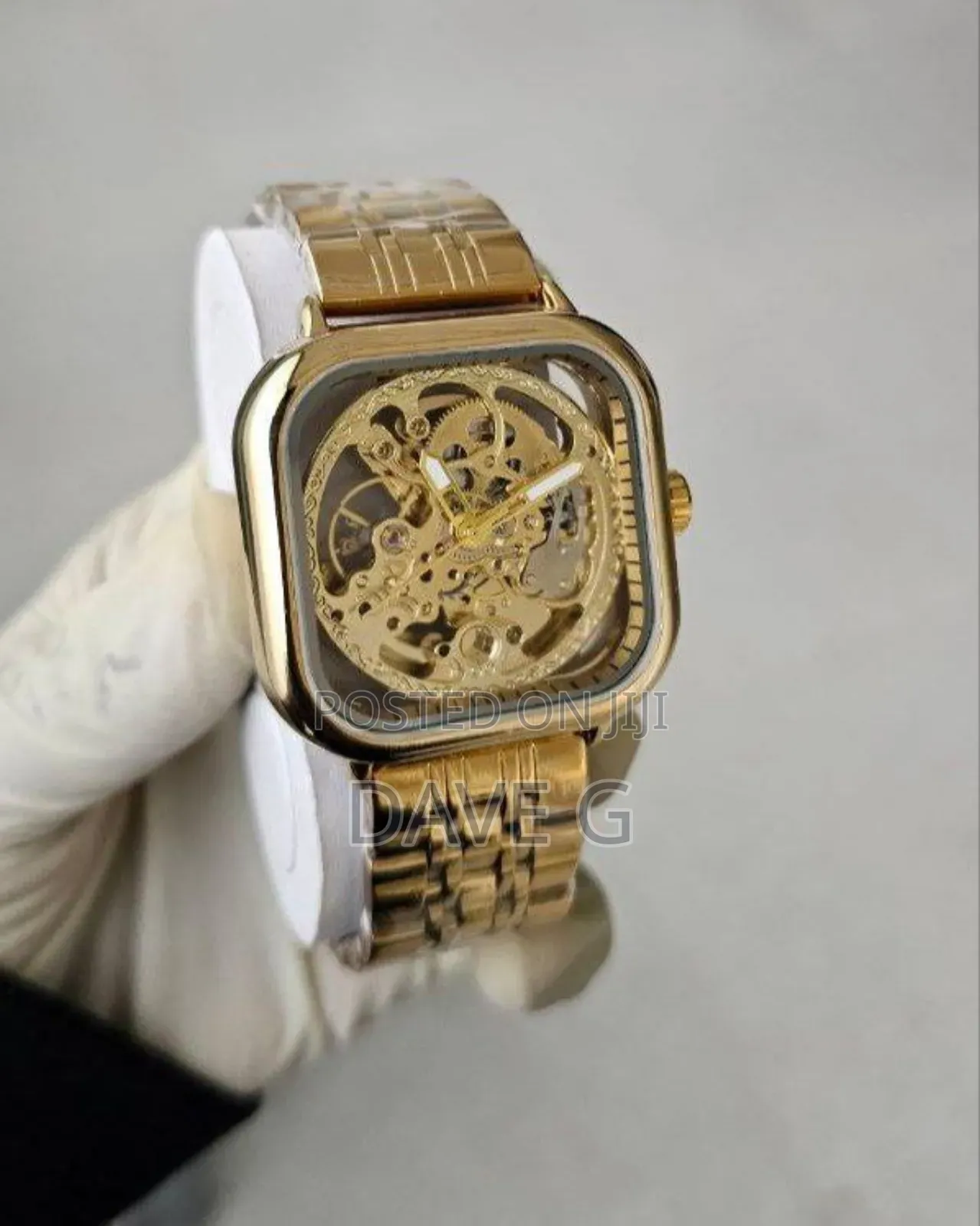 Gold Skeleton Automatic Watch Mens Square Case Gold