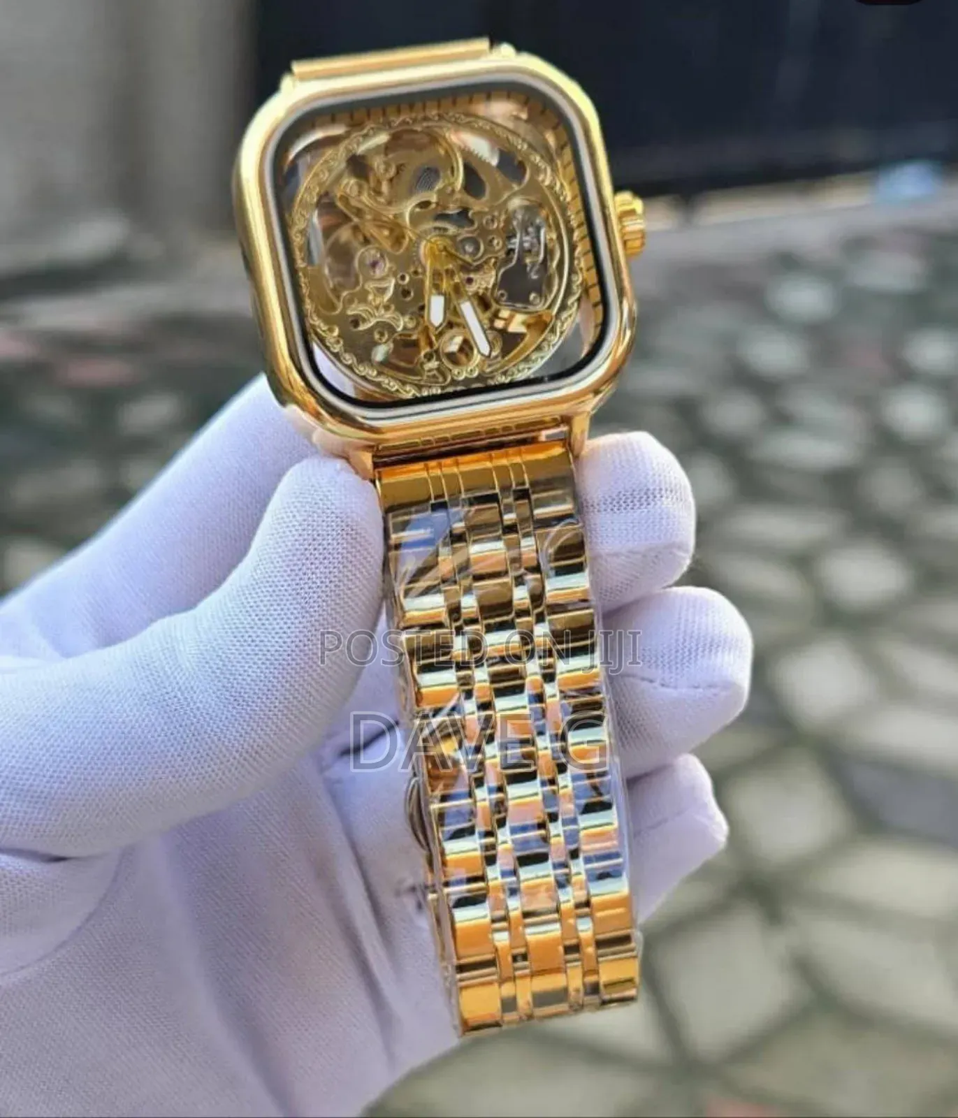 Gold Skeleton Automatic Watch Mens Square Case Gold