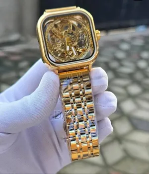 Gold Skeleton Automatic Watch Mens Square Case Gold
