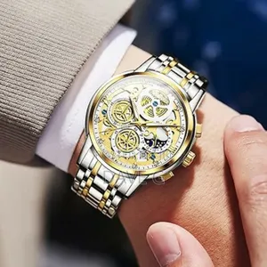 Olevs Skeleton Watch for Men Stainless Steel Chronograph