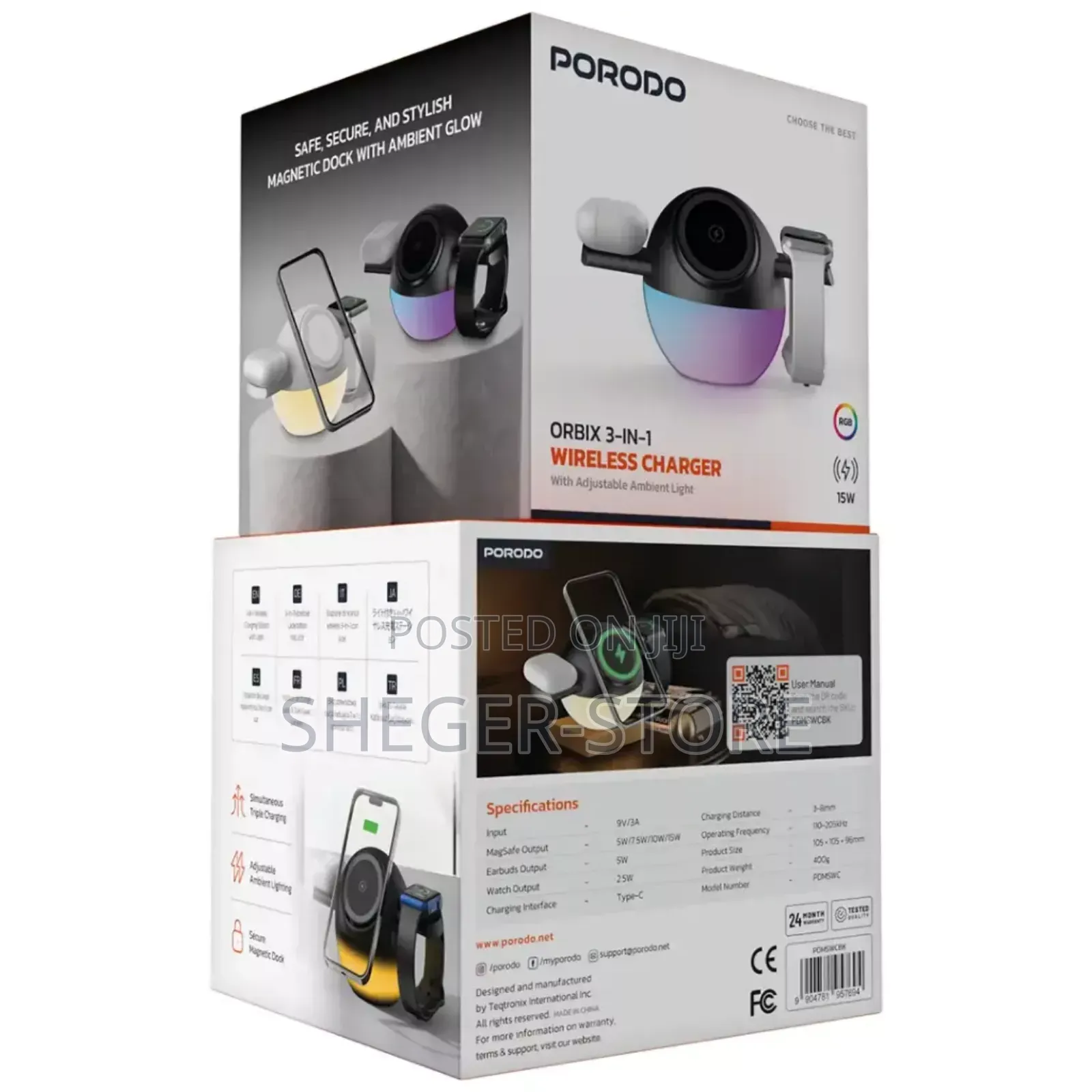 Orginal Porodo Orbix 3-In1 Wireless Charger Adjustable Ambient Light