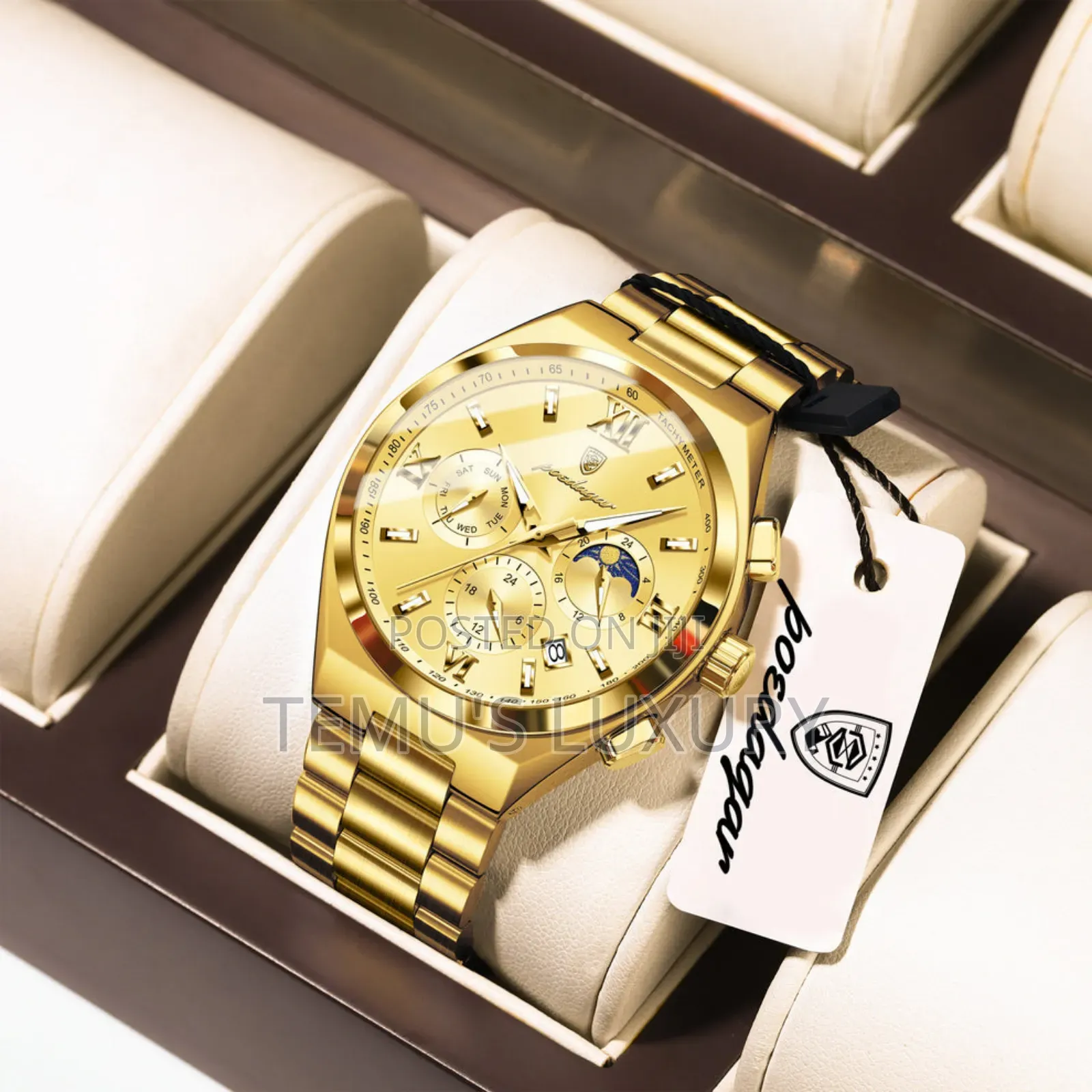 Poedagar Men's Chronograph Calendar Watch - Gold Stainless Steel