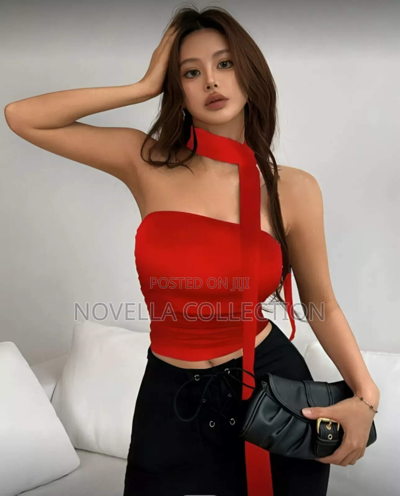 Women Solid Color Red Ruched Bandeau Top With Scarf