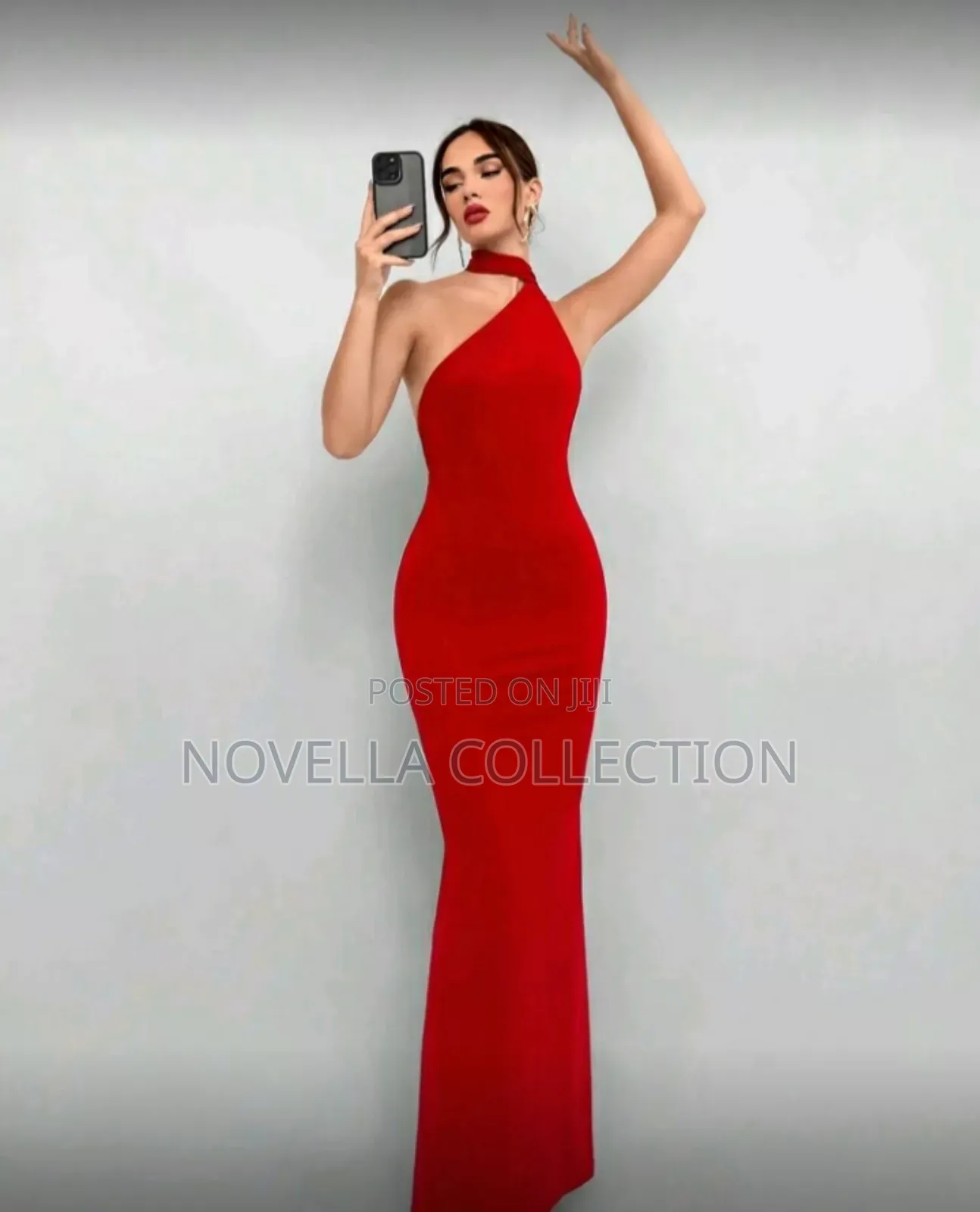 Women's Solid Red Long Backless Halter Dress Mermaid Costume