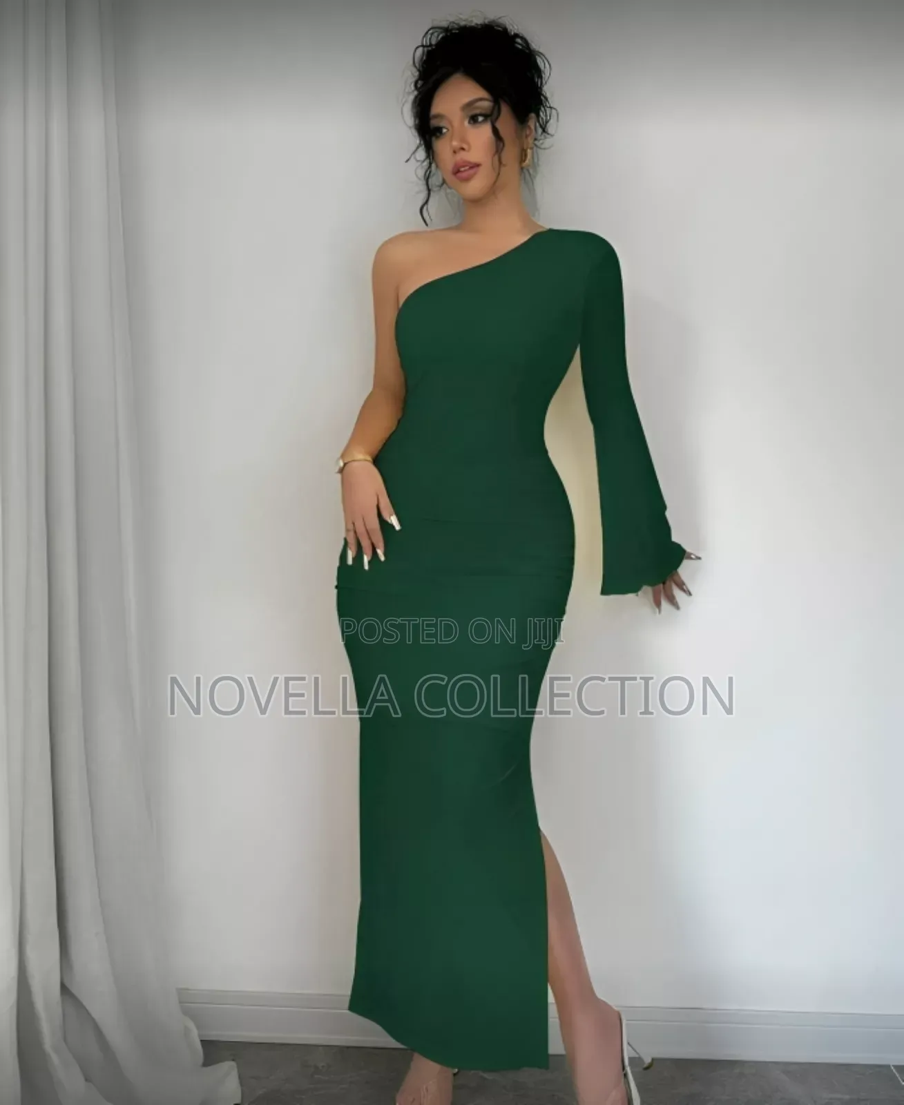 Asymmetrical Neckline Long Flare Sleeve Pleated Side Slit Dress Maxi