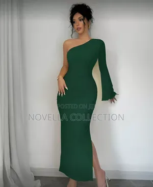 Photo - Asymmetrical Neckline Long Flare Sleeve Pleated Side Slit Dress Maxi