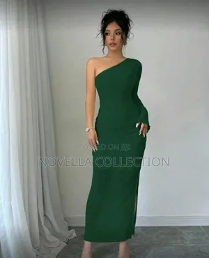 Asymmetrical Neckline Long Flare Sleeve Pleated Side Slit Dress Maxi