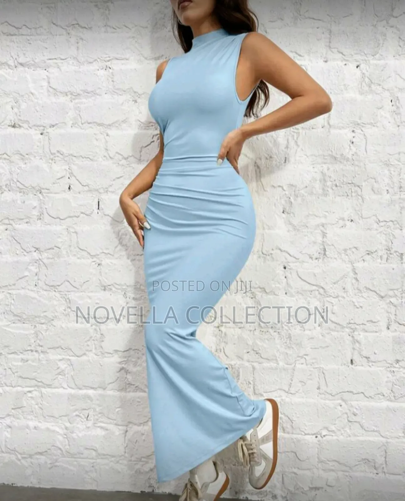 Light Blue Knitted Stand Collar Ruffle Bodycon Mermaid Long Dress