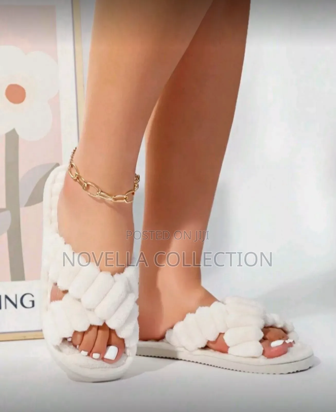 Cross Strap Plush Fluffy White Slippers, Soft Comfortable