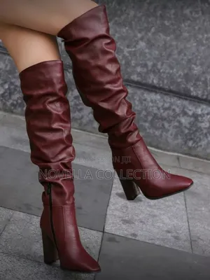 Photo - Burgundy Boots, Leather, Side Zipper, High Heel Thigh Boots
