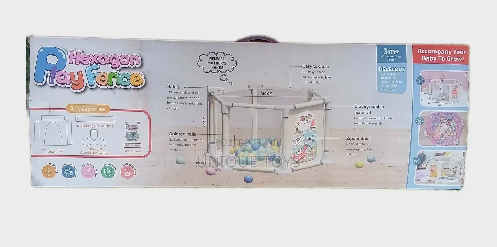 Hexagon Baby Play Fence, 150 × 66cm, + 100 Ocean Balls