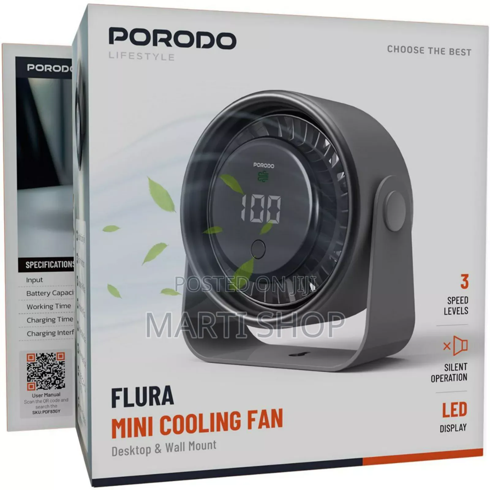 Porodo Flura Mini Cooling Fan With Desktop Wall Mount