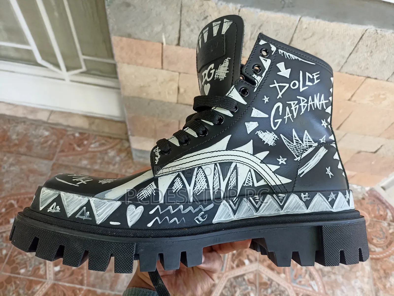 Dolce Gabbana Graffiti-Print Leather Hi-Trekking Combat Boots