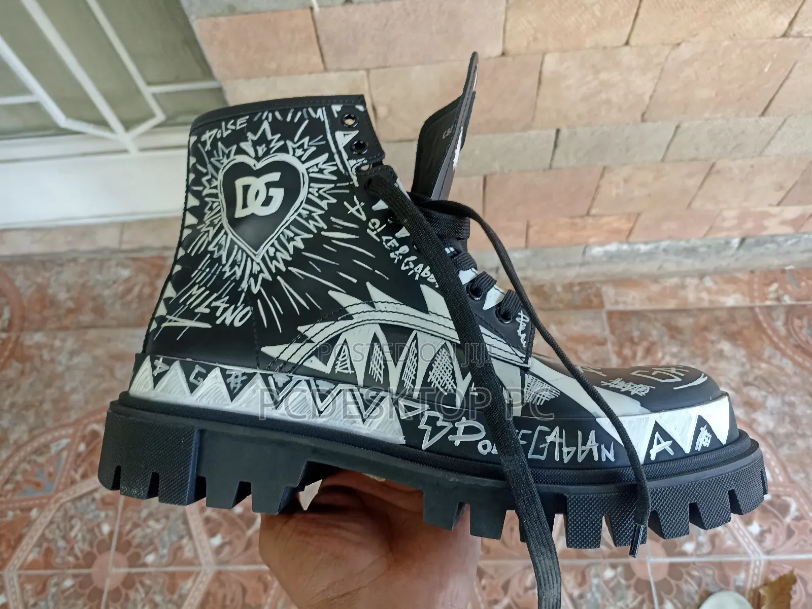 Dolce Gabbana Graffiti-Print Leather Hi-Trekking Combat Boots