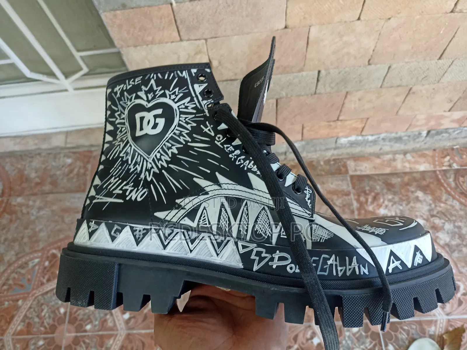 Dolce Gabbana Graffiti-Print Leather Hi-Trekking Combat Boots