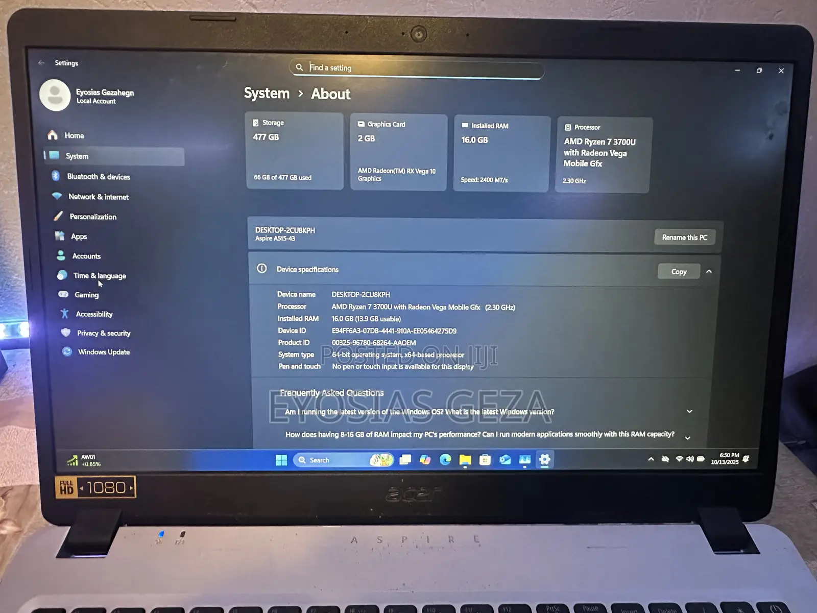 Laptop Acer Aspire A515-52 16GB Intel Core i3 HDD+SSD 512GB