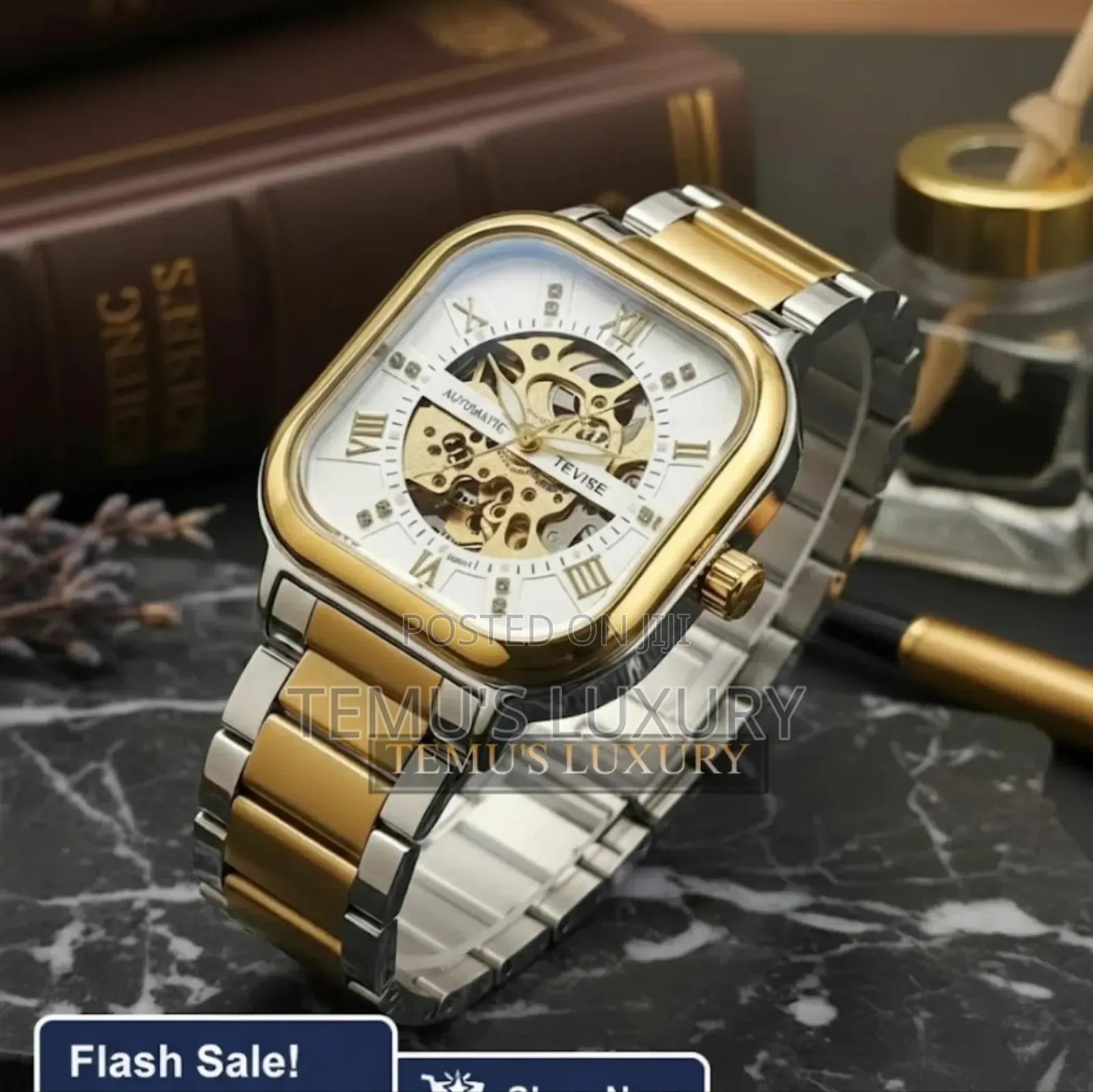 Tevise Automatic Skeleton Mechanical Watch Gold Silver Stainless