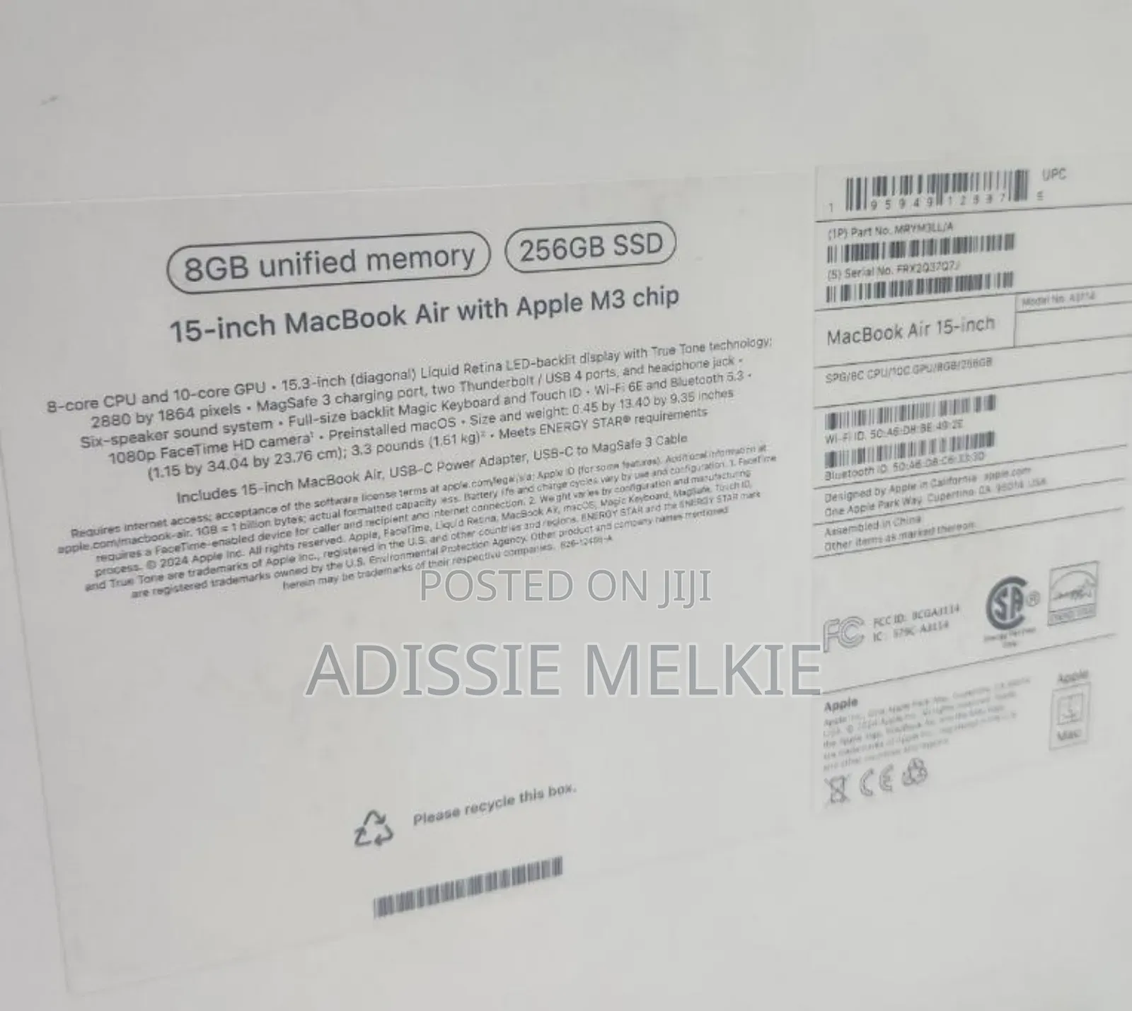 New Apple MacBook Air 2024 M3 15-Inch 8GB Intel Core I5 SSD 256GB