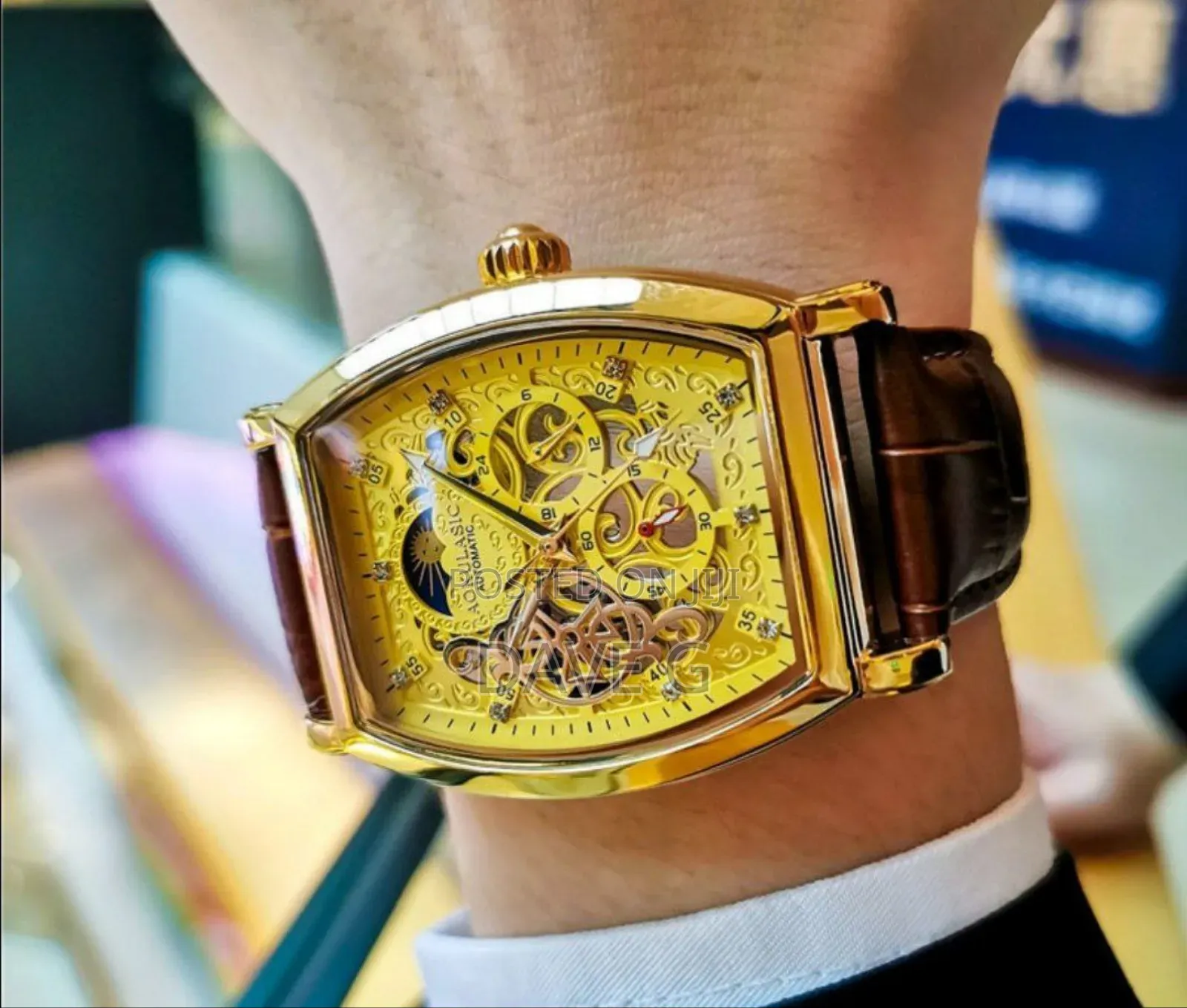 Custom Butterfly Buckle Leather Watch Strap Skeleton Dial Watch