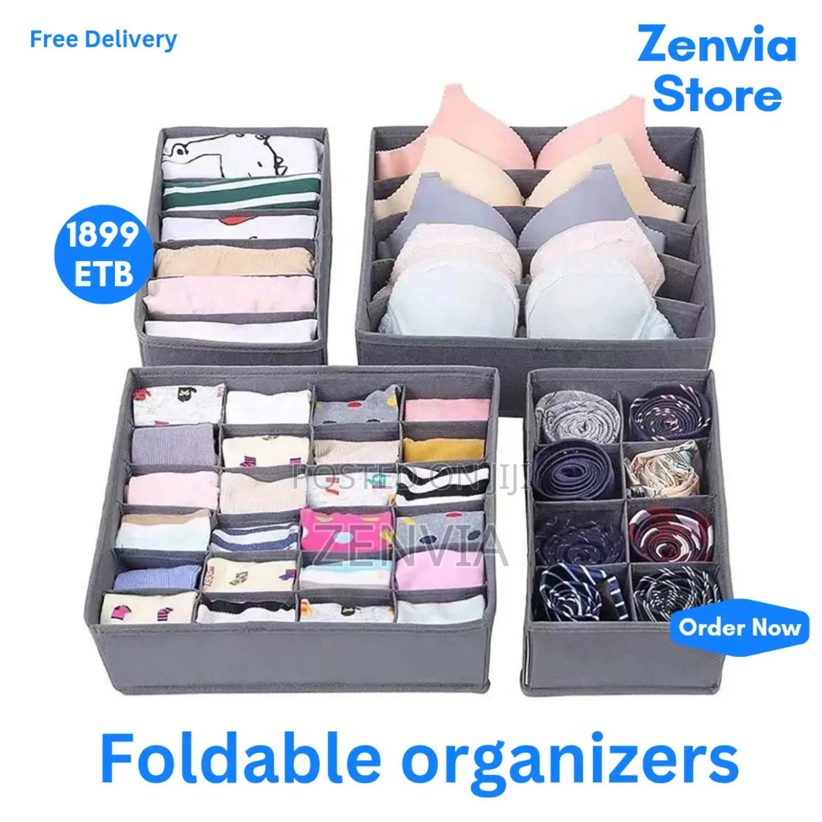 4 PCS Foldable Organisers for Socks,Bras,Underwear-Gray Colur
