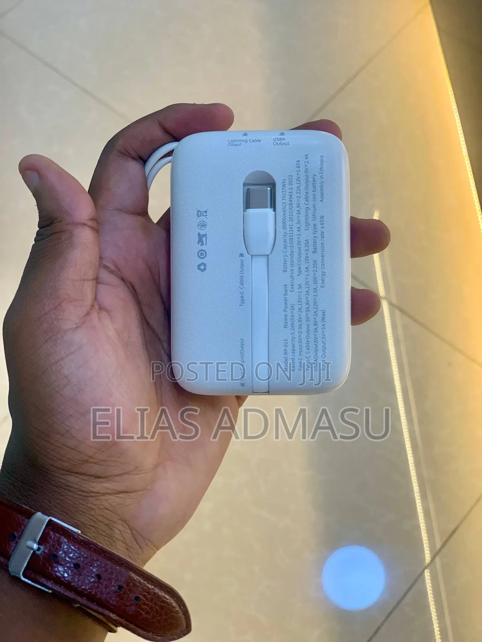 10000mah Power Bank With Type-C Lightning Cables Attached